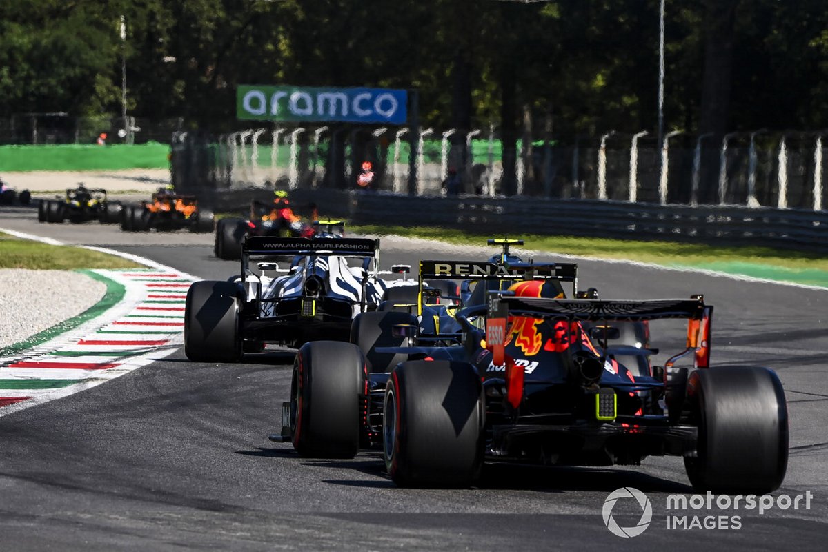 Pierre Gasly, AlphaTauri AT01, Esteban Ocon, Renault F1 Team R.S.20, and Max Verstappen, Red Bull Racing RB16