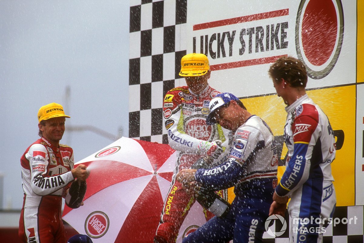 Podium: Wayne Rainey, Kevin Schwantz en Wayne Gardner