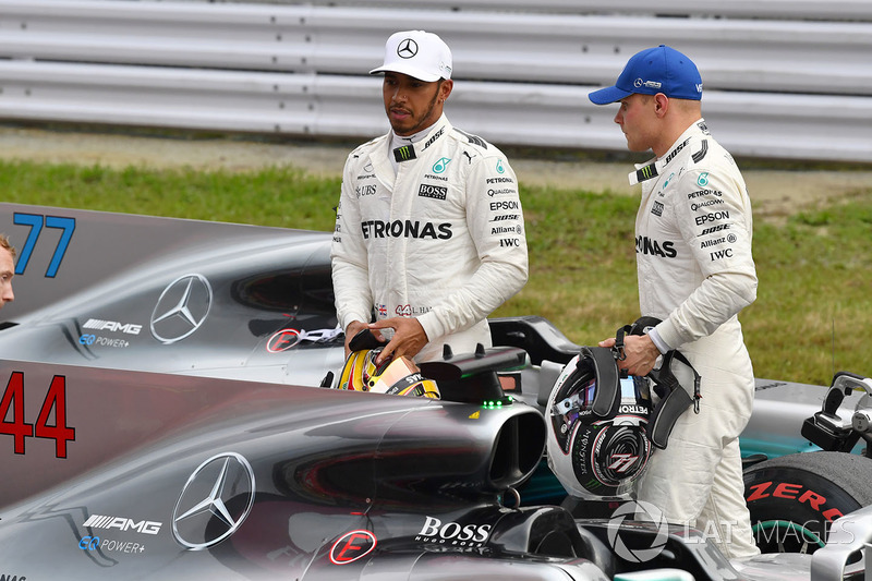 Lewis Hamilton, Mercedes AMG F1 and Valtteri Bottas, Mercedes AMG F1 in parc ferme