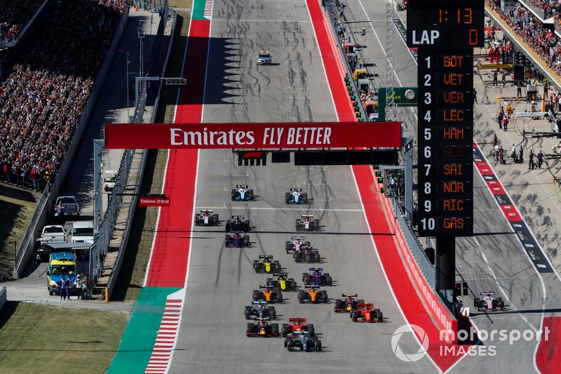 Valtteri Bottas, Mercedes AMG W10, Sebastian Vettel, Ferrari SF90, Max Verstappen, Red Bull Racing RB15, Charles Leclerc, Ferrari SF90, Lewis Hamilton, Mercedes AMG F1 W10, and Alex Albon, Red Bull Racing RB15, lead the field away at the start