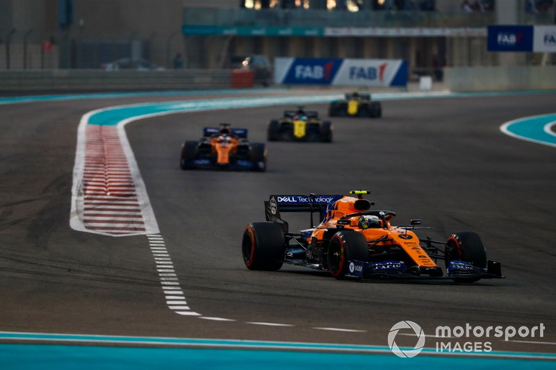 Lando Norris, McLaren MCL34, leads Carlos Sainz Jr., McLaren MCL34, Daniel Ricciardo, Renault F1 Team R.S.19, and Nico Hulkenberg, Renault F1 Team R.S. 19