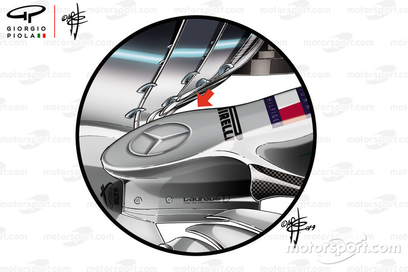 Mercedes W10, dettaglio del nuovo muso con la punta ogivale