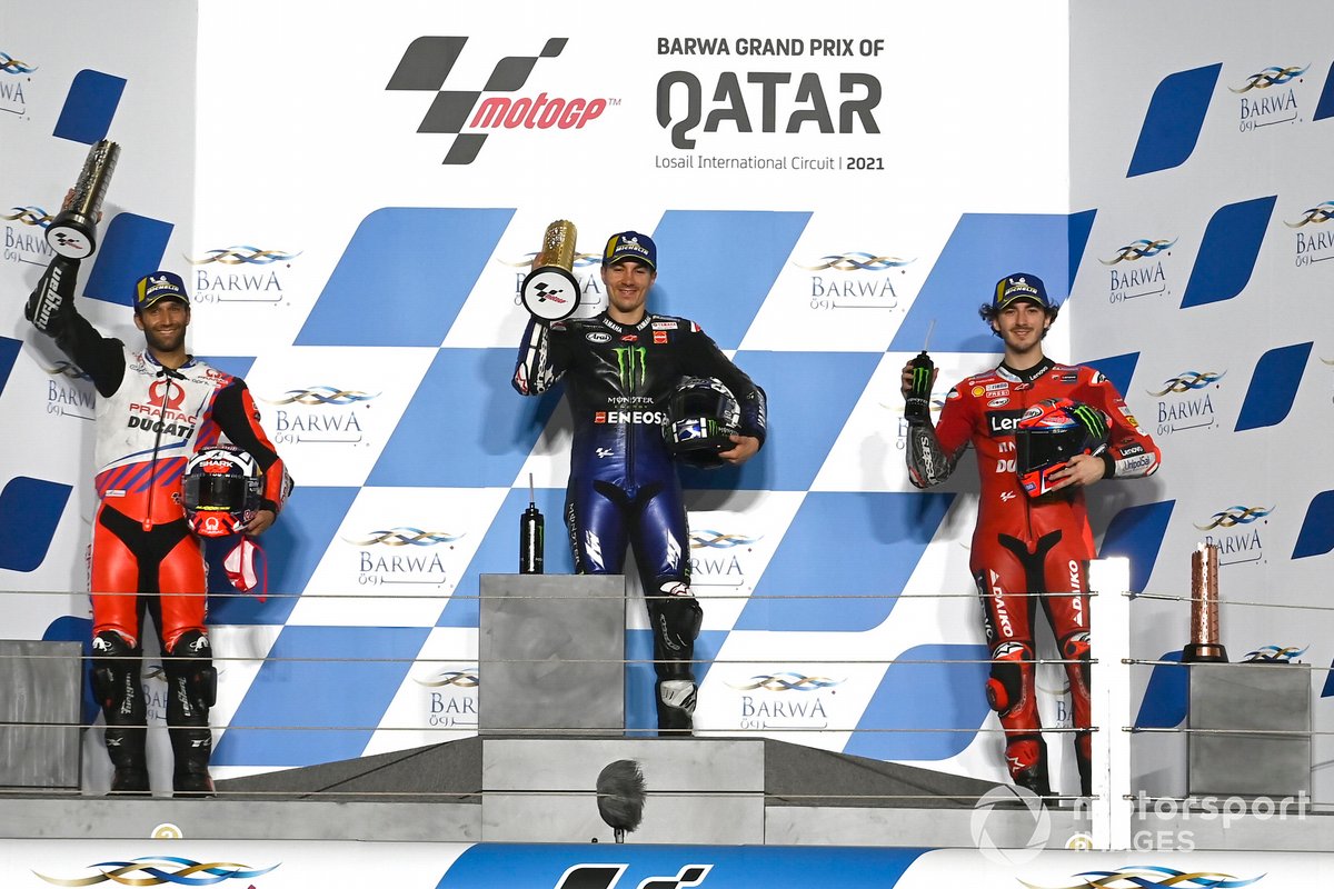 Johann Zarco, Pramac Racing, Maverick Vinales, Yamaha Factory Racing, Francesco Bagnaia, Ducati Team sur le podium