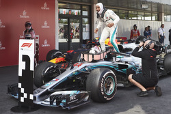 Lewis Hamilton, Mercedes AMG F1 W09, 1st position, celebrates on arrival in Parc Ferme