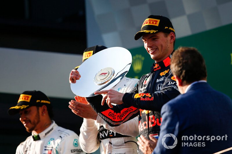 Max Verstappen, Red Bull Racing, 3rd position, displays his trophy