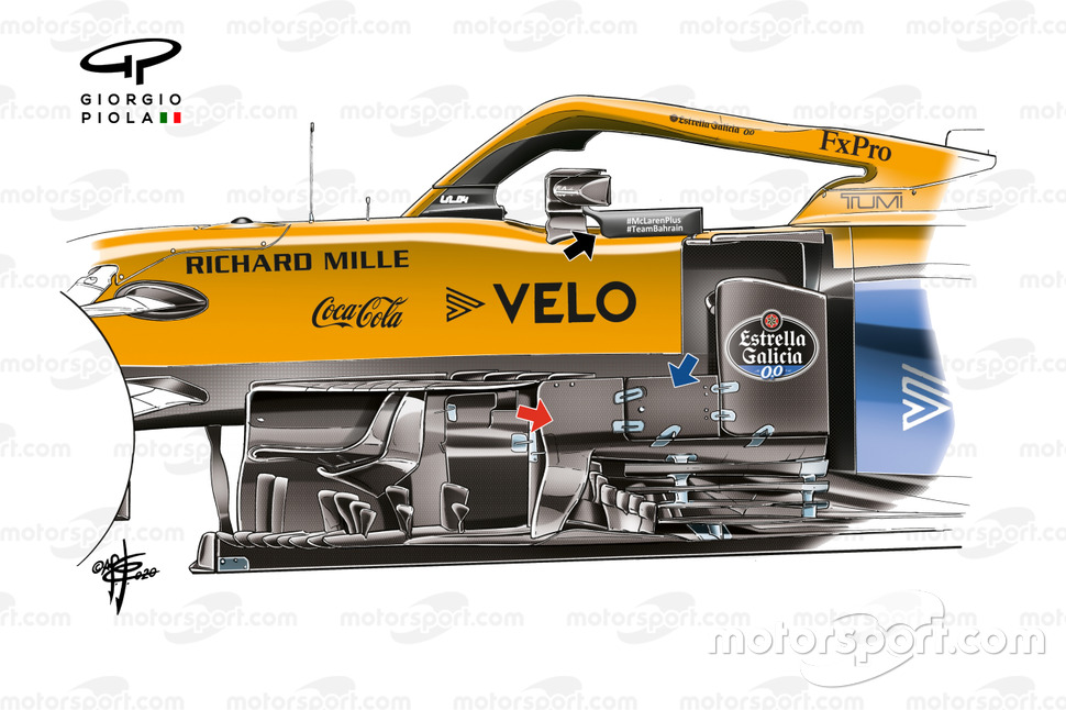 Inilah detail barge board (sirip vertikal samping) McLaren MCL35 saat diturunkan di GP Eifel 2020 lalu.
