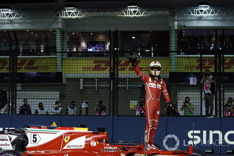 Pole sitter Sebastian Vettel, Ferrari celebrates in parc ferme