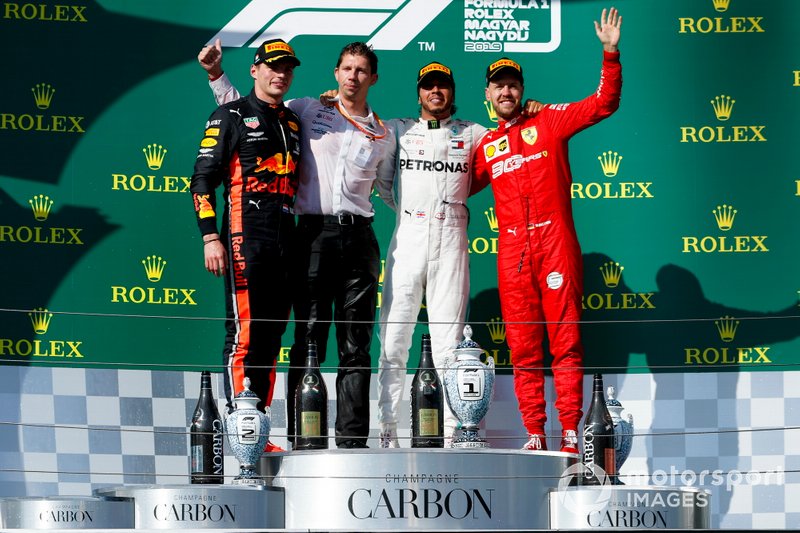 Max Verstappen, Red Bull Racing, James Vowles, Motorsport Strategy Director, Mercedes AMG F1 Race winner Lewis Hamilton, Mercedes AMG F1 and Sebastian Vettel, Ferrari celebrate on the podium