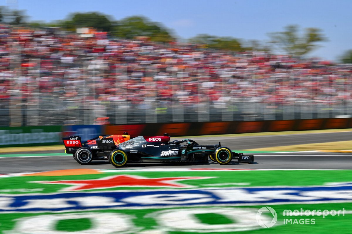 Lewis Hamilton, Mercedes W12 and Max Verstappen, Red Bull Racing RB16B collide