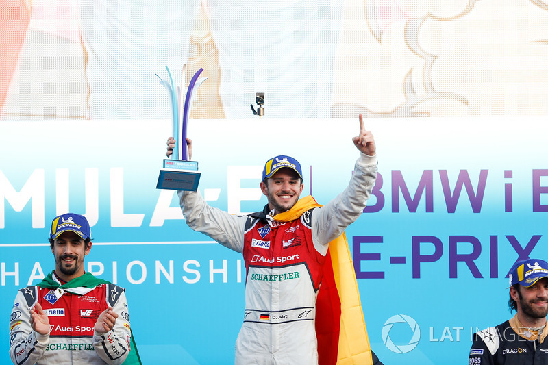 Jean-Eric Vergne, Techeetah, places 3rd, Lucas di Grassi, Audi Sport ABT Schaeffler, places 2nd, Daniel Abt, Audi Sport ABT Schaeffler, wins the Berlin ePrix