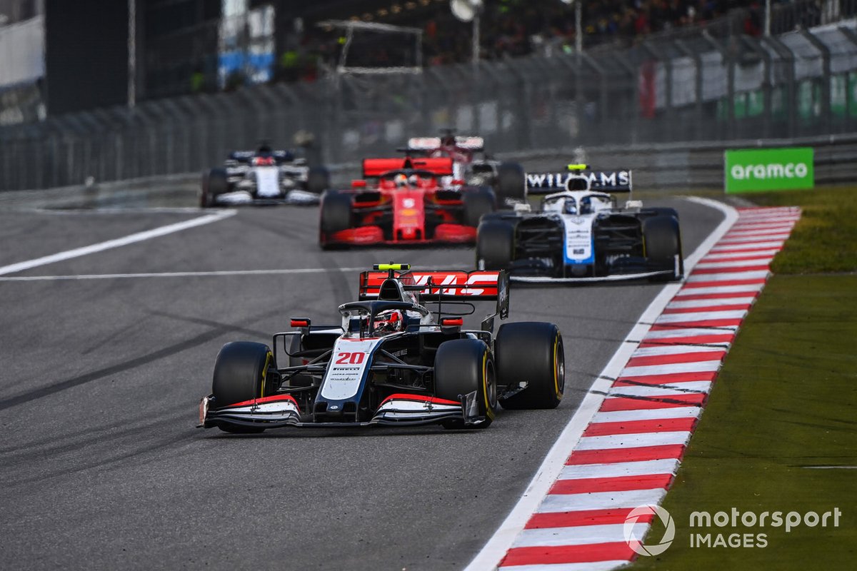 Kevin Magnussen, Haas VF-20, Nicholas Latifi, Williams FW43, and Sebastian Vettel, Ferrari SF1000