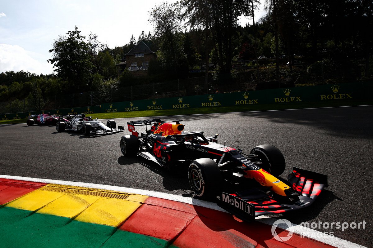 Max Verstappen, Red Bull Racing RB16, Pierre Gasly, AlphaTauri AT01, and Lance Stroll, Racing Point RP20