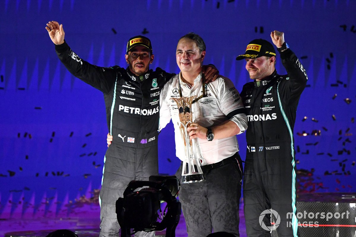 Lewis Hamilton, Mercedes, 1st position, Ron Meadows, Sporting Director, Mercedes AMG, and Valtteri Bottas, Mercedes, 3rd position, on the podium