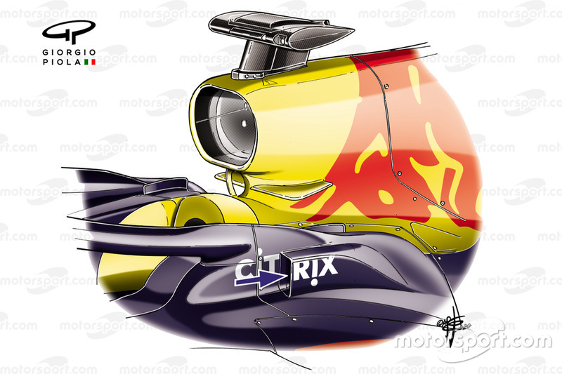 Red Bull RB16, dettaglio della presa d'aria aggiuntiva e delle pinne stabilizzatrici