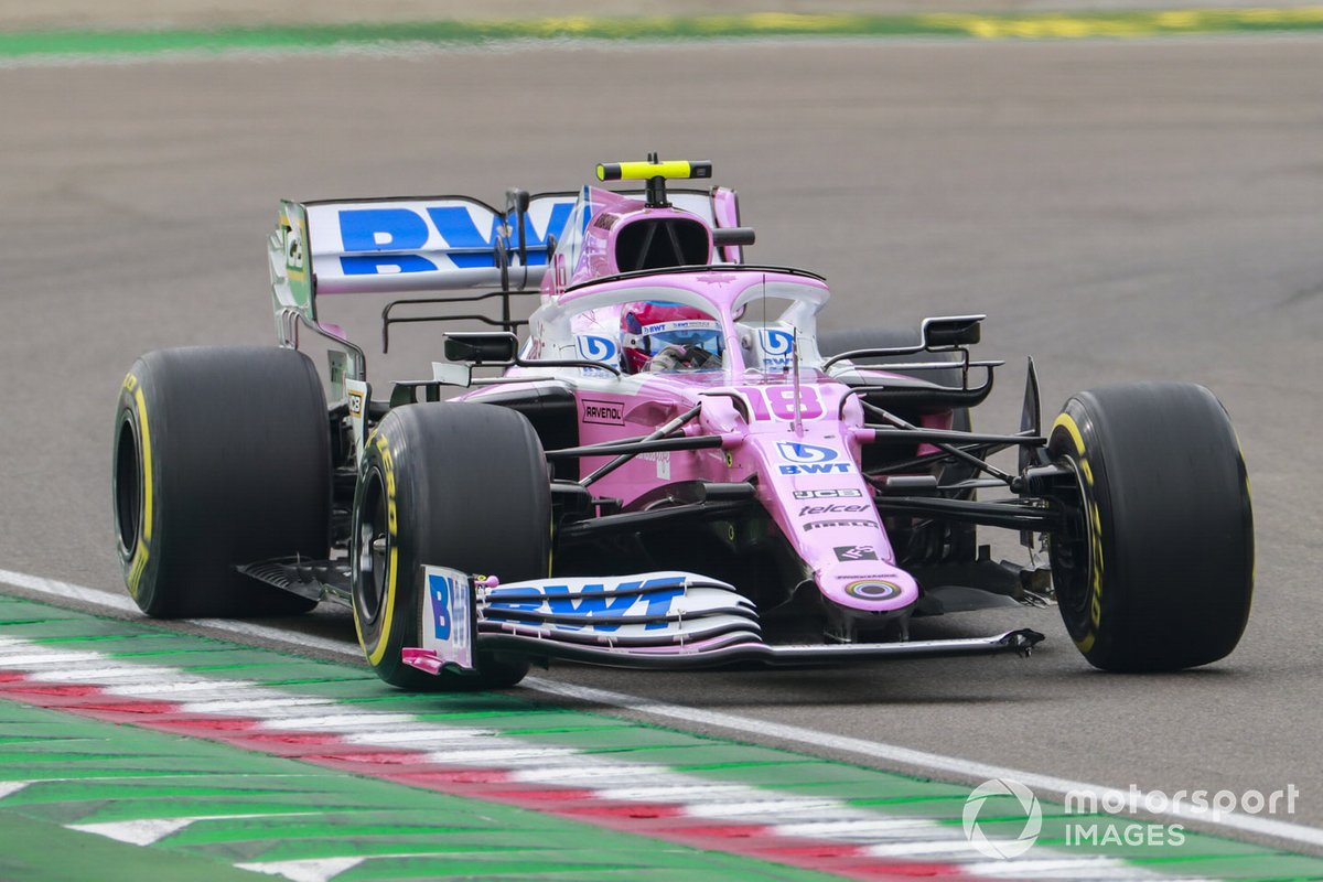 Lance Stroll, Racing Point RP20, heads to the pits with a broken front wing after a first lap incident