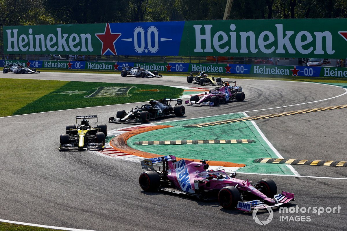 Sergio Perez, Racing Point RP20, Daniel Ricciardo, Renault F1 Team R.S.20, and Valtteri Bottas, Mercedes F1 W11
