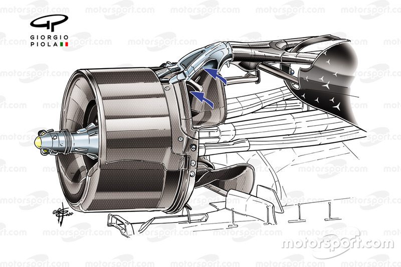 Детали задней подвески Mercedes W11; стрелки указывают на каналы, вызвавшие вопросы у техкомиссаров
