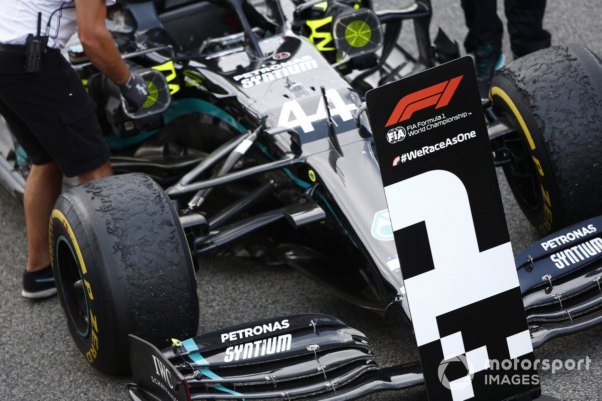 The car of Lewis Hamilton, Mercedes F1 W11 EQ Performance, 1st position, in Parc Ferme