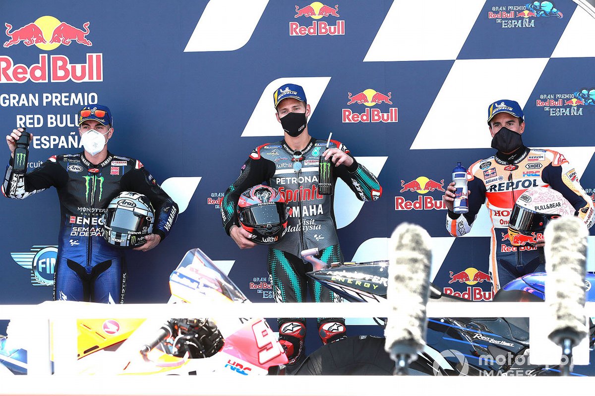 Polesitter Fabio Quartararo, Petronas Yamaha SRT, second place Maverick Vinales, Yamaha Factory Racing, third place Marc Marquez, Repsol Honda Team