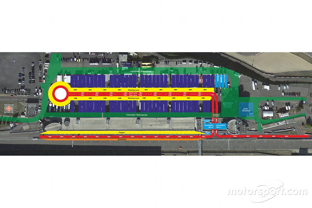 Der veränderte Fahrweg durch die Boxengasse beim VLN-Auftakt 2020