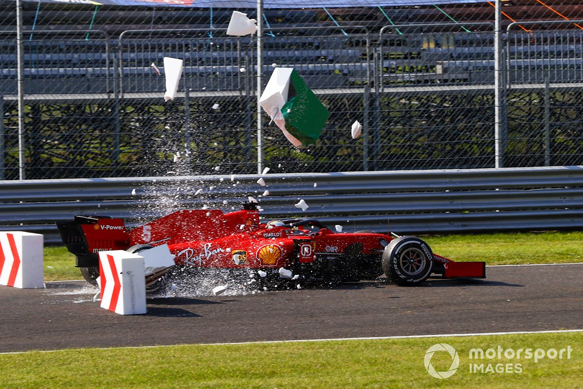 Sebastian Vettel, Ferrari SF1000, collides with barriers