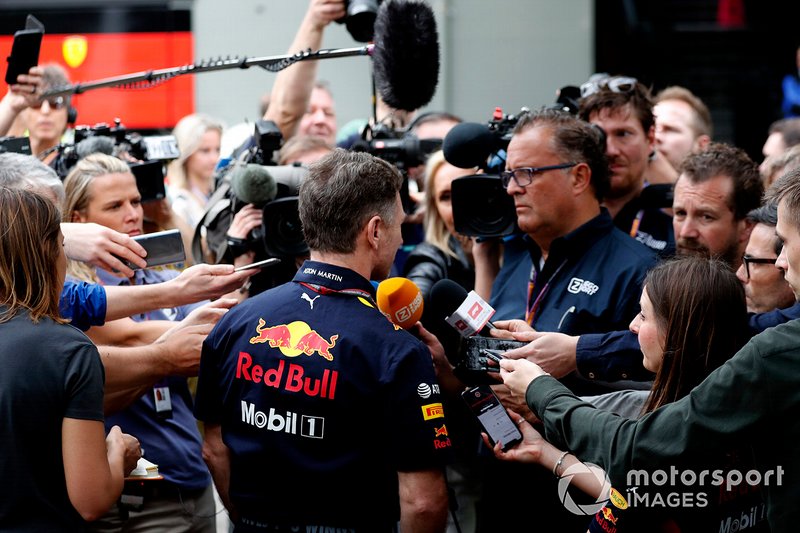 Christian Horner, Team Principal, Red Bull Racing talks to the press