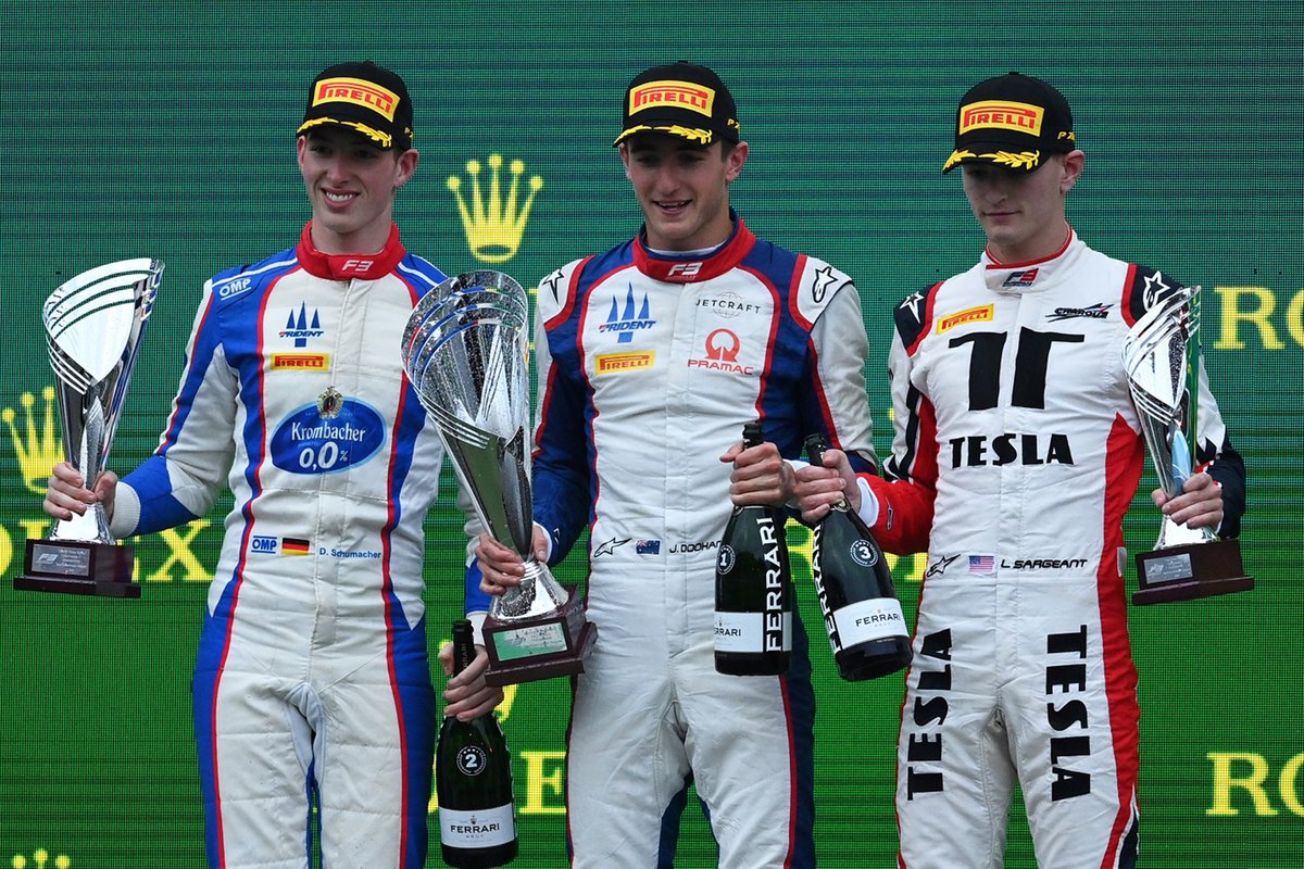 Podium: Race winner Jack Doohan, Trident, second place David Schumacher, Trident, third place Logan Sargeant, Charouz Racing System