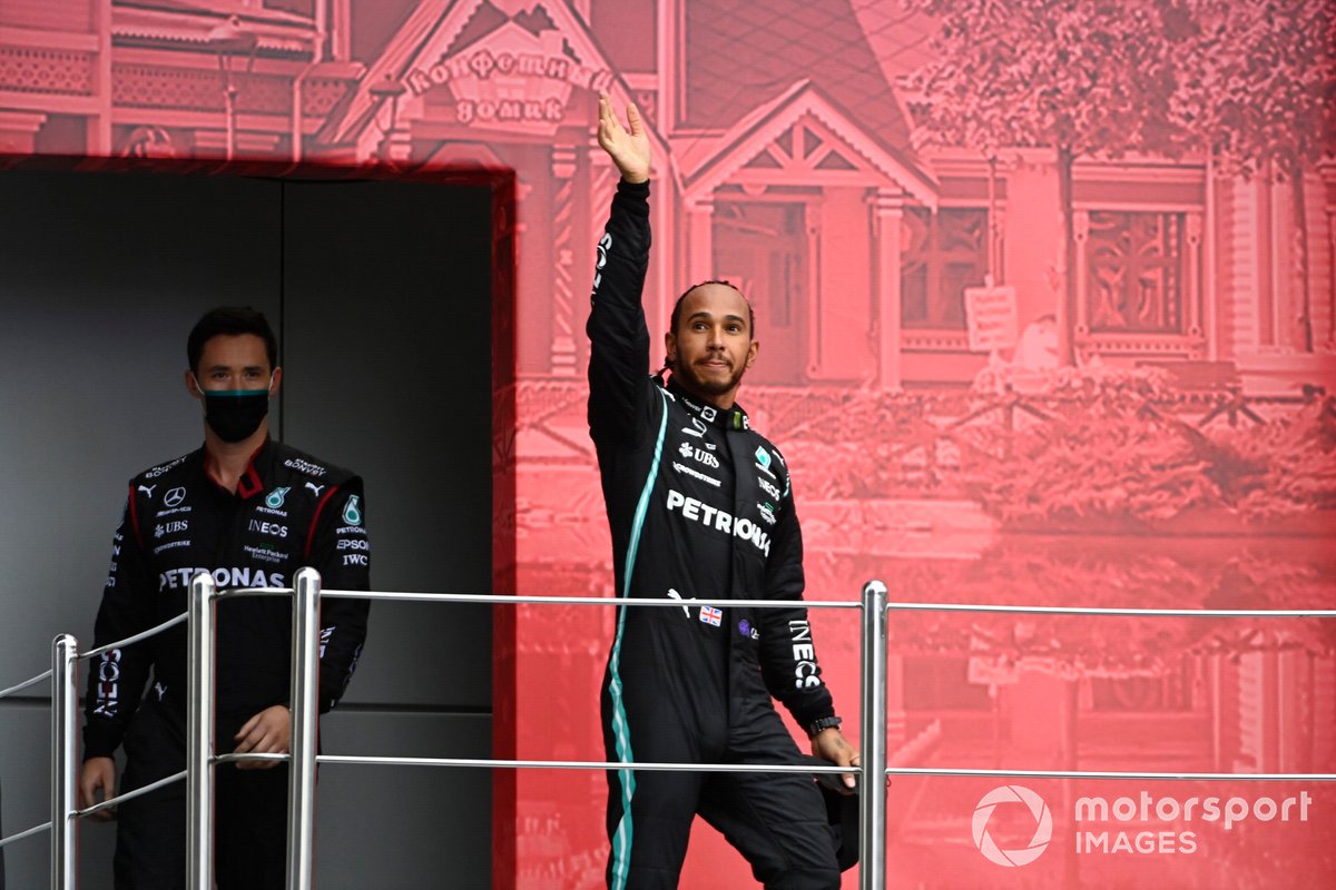 Lewis Hamilton, Mercedes, 1st position, arrives on the podium