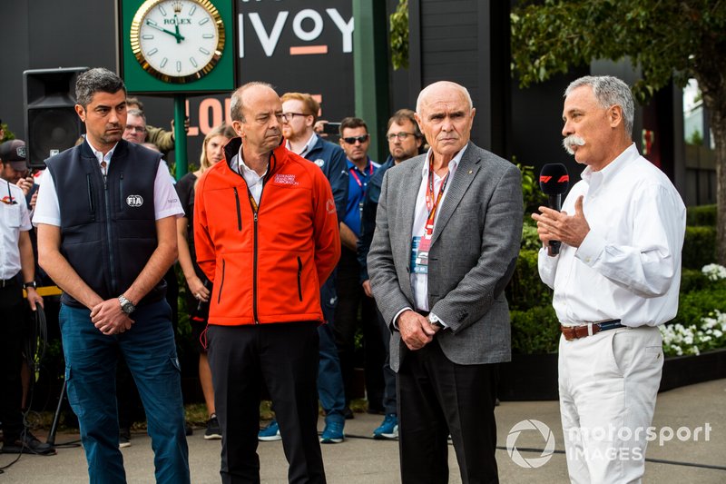 Michael Masi, Race Director, Andrew Westacott, Australian Grand Prix Corporation CEO and Chase Carey, Chairman, Formula 1 talks to the press