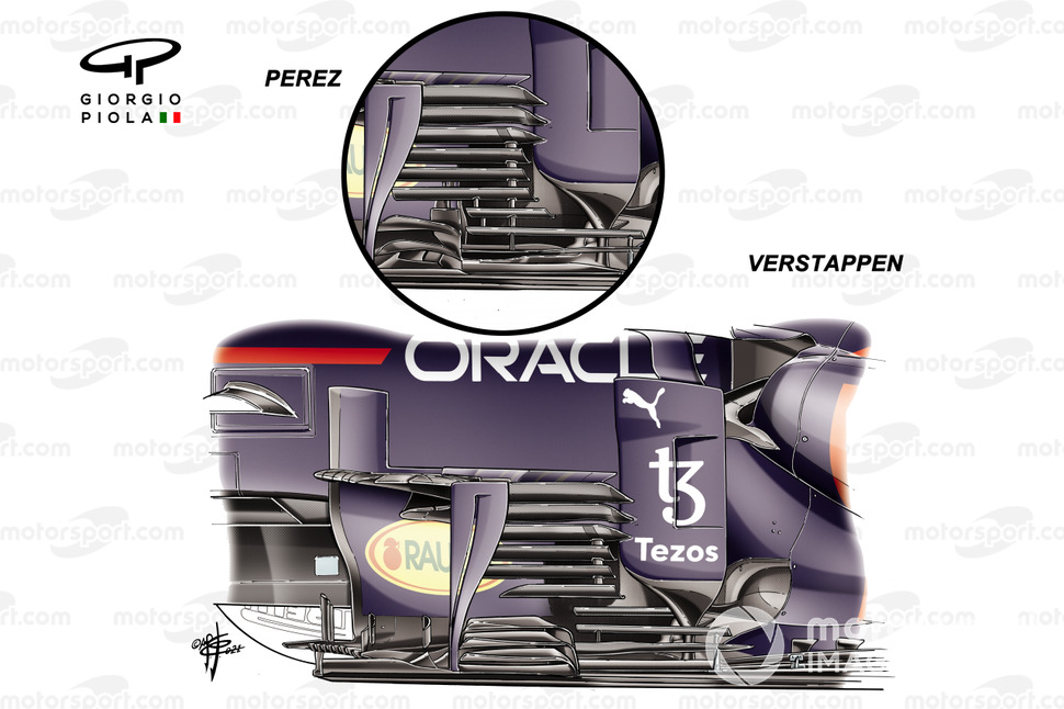 Red Bull RB16B, confronto tra il bargeboard di Perez e quello nuovo di Verstappen