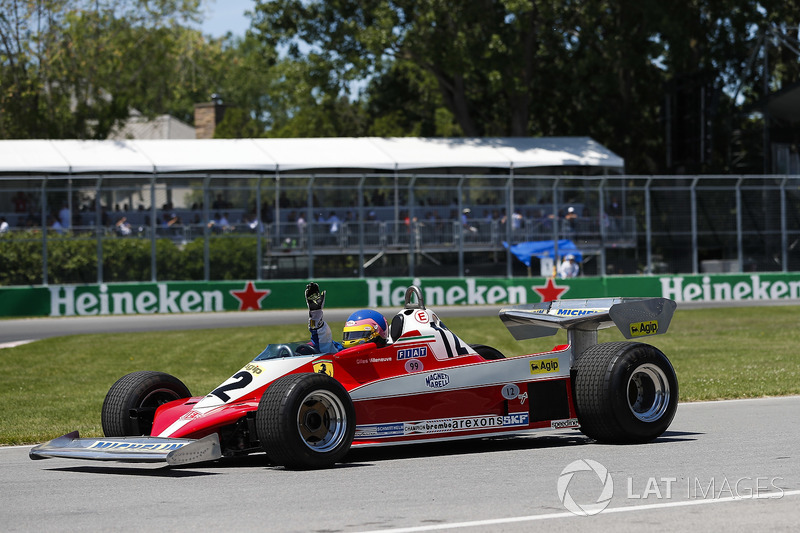 Jacques Villeneuve drives the Ferrari 312T3 driven by his father Gilles Villeneuve on a demonstratio