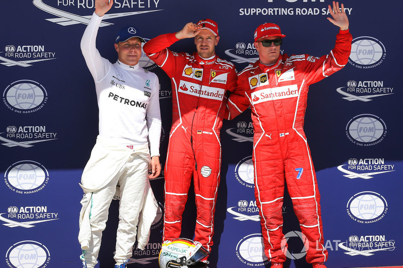Conferenza stampa: il poleman Sebastian Vettel, Ferrari, il secondo qualificato Kimi Raikkonen, Ferrari, il terzo qualificato Valtteri Bottas, Mercedes-Benz F1