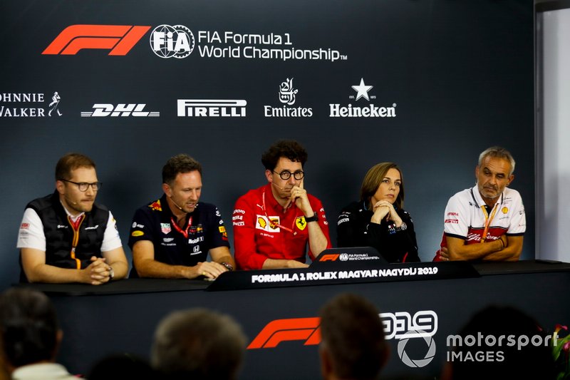Andreas Seidl, Team Principal, McLaren, Christian Horner, Team Principal, Red Bull Racing, Mattia Binotto, Team Principal Ferrari, Claire Williams, Deputy Team Principal, Williams Racing, and Beat Zehnder, Team Manager, Alfa Romeo Racing, in the Press Conference
