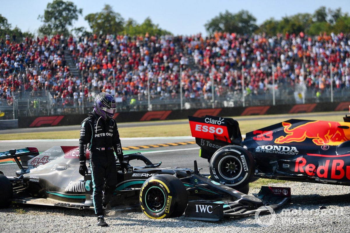 Lewis Hamilton, Mercedes, walks away from the scene of the accident