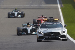 The Safety Car leads Lewis Hamilton, Mercedes AMG F1 W08, Sebastian Vettel, Ferrari SF70H, Valtteri Bottas, Mercedes AMG F1 W08