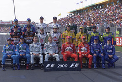 The formula one drivers get together for the annual start of year drivers group shot: (back row L-R) Pedro Diniz, Mika Salo, Jenson Button, Ralph Schumacher, Eddie Irvine and Johnny Herbert. (middle row L-R) Jos Verstappen, Pedro de la Rosa, Jacques Villeneuve, Ricardo Zonta, Heinz-Harald Frentzen, Jarno Trulli, Marc Gené and Gastón Mazzacane. (front row L-R) Giancarlo Fisichella, Alexander Wurz, David Coulthard, Mika Häkkinen, Michael Schumacher, Rubens Barrichello, Jean Alesi and Nick Heidfeld