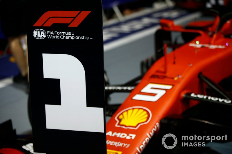 The car of Sebastian Vettel, Ferrari SF90, 1st position, in Parc Ferme