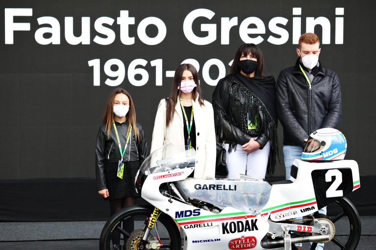 Keluarga Fausto Gresini ikut hadir dalam acara mengenang pendiri Tim Gresini Racing itu menjelang lomba F1 GP Emilia Romagna di Sirkuit Imola, Italia, Minggu (18/4/2021).