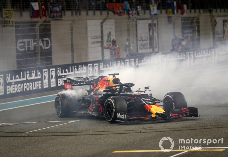 Max Verstappen, Red Bull Racing RB15, 2nd position, performs a donut