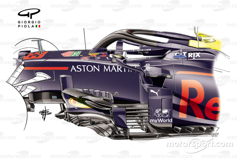 Detalle de la entrada de aire extra para el motor Honda en el Red Bull Racing RB16