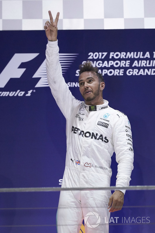 Race winner Lewis Hamilton, Mercedes AMG F1, celebrates victory on the podium