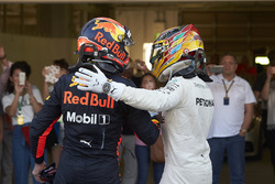 Max Verstappen, Red Bull, second place, congratulates Race winner Lewis Hamilton, Mercedes AMG F1, in Parc Ferme