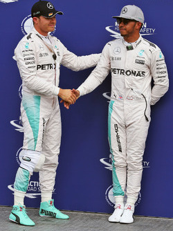 Polesitter Nico Rosberg, Mercedes AMG F1 in parc ferme with team mate Lewis Hamilton, Mercedes AMG F