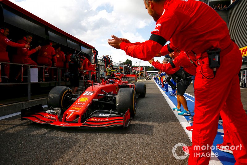 Winner Charles Leclerc, Ferrari, is congratulated by his team