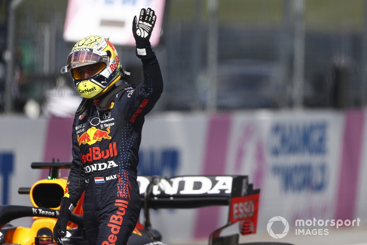 Pole man Max Verstappen, Red Bull Racing, celebrates on arrival in Parc Ferme
