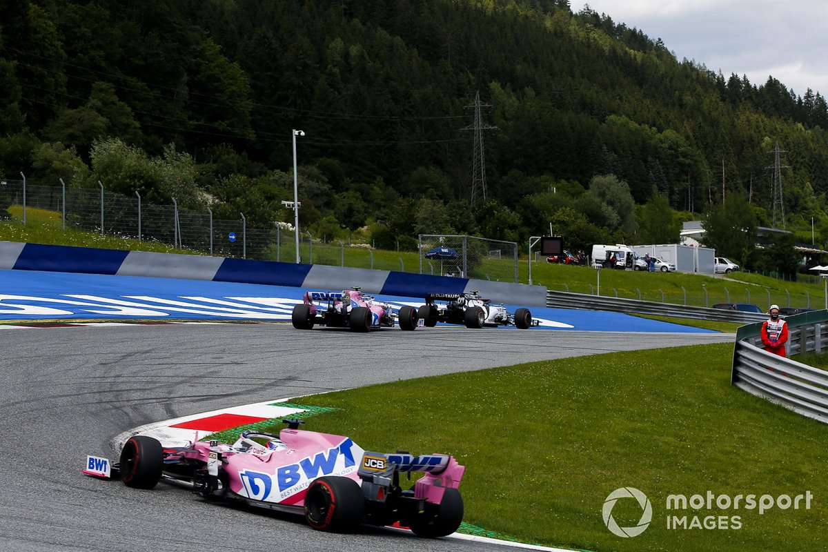 Pierre Gasly, AlphaTauri AT01, leads Lance Stroll, Racing Point RP20, and Sergio Perez, Racing Point RP20
