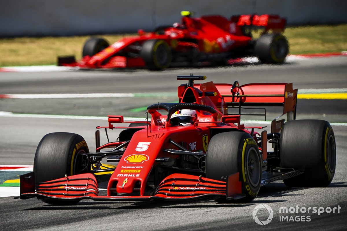 Sebastian Vettel, Ferrari SF1000, leads Charles Leclerc, Ferrari SF1000