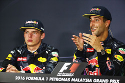 Переможець гонки Даніель Ріккардо, Red Bull Racing (справа) під час прес-конференції FIA із товарише