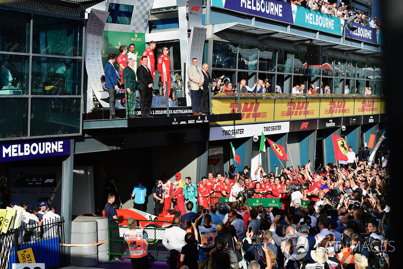 Lewis Hamilton, Mercedes-AMG F1, Sebastian Vettel, Ferrari and Kimi Raikkonen, Ferrari celebrate on