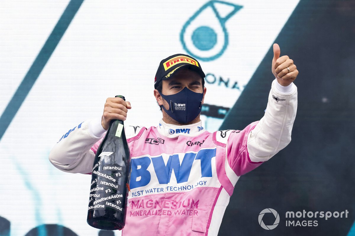 Sergio Perez, Racing Point, 2nd position, on the podium